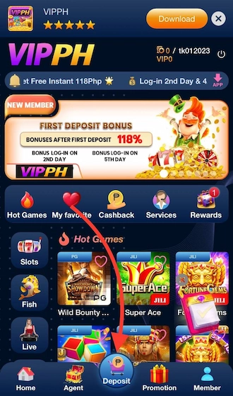 Step 1: Please VIPPH casino login with your betting account. After successfully logging in, click on “Deposit” on the homepage.