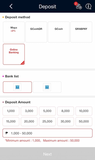 Step 1: Bettors in the Philippines should access the deposit interface and select Online Banking as the deposit method.