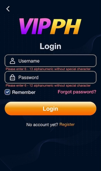 Step 2: The VIPPH log in casino login form appears, please provide your username and password. 