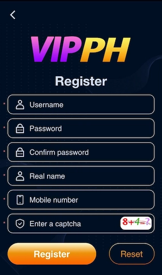 Step 2: Fill in the account registration information including Username, Password, Confirm Password, Real Name, Mobile Number, and Captcha in the form