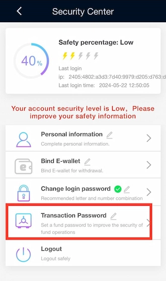 Step 1: VIPPH log in and select Security Center. Then members select "Transaction Password".